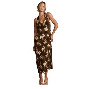 12th Tribe Audrina Brown Floral Halter Maxi Dress NWT Size Large